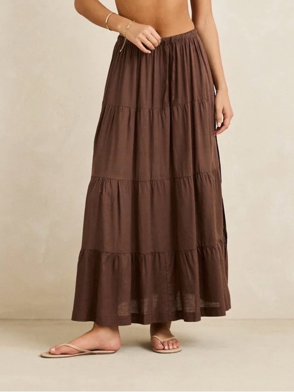 Rhythm Classic Tiered Midi Skirt Womens 6 Chocolate Brown Boho Beach Vacation